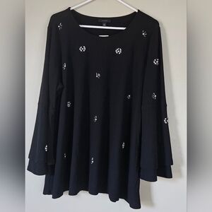 🩷💜Alfani Blouse 2X Black Top Tiered Bell Sleeve Rhinestones Beads💛🩷
